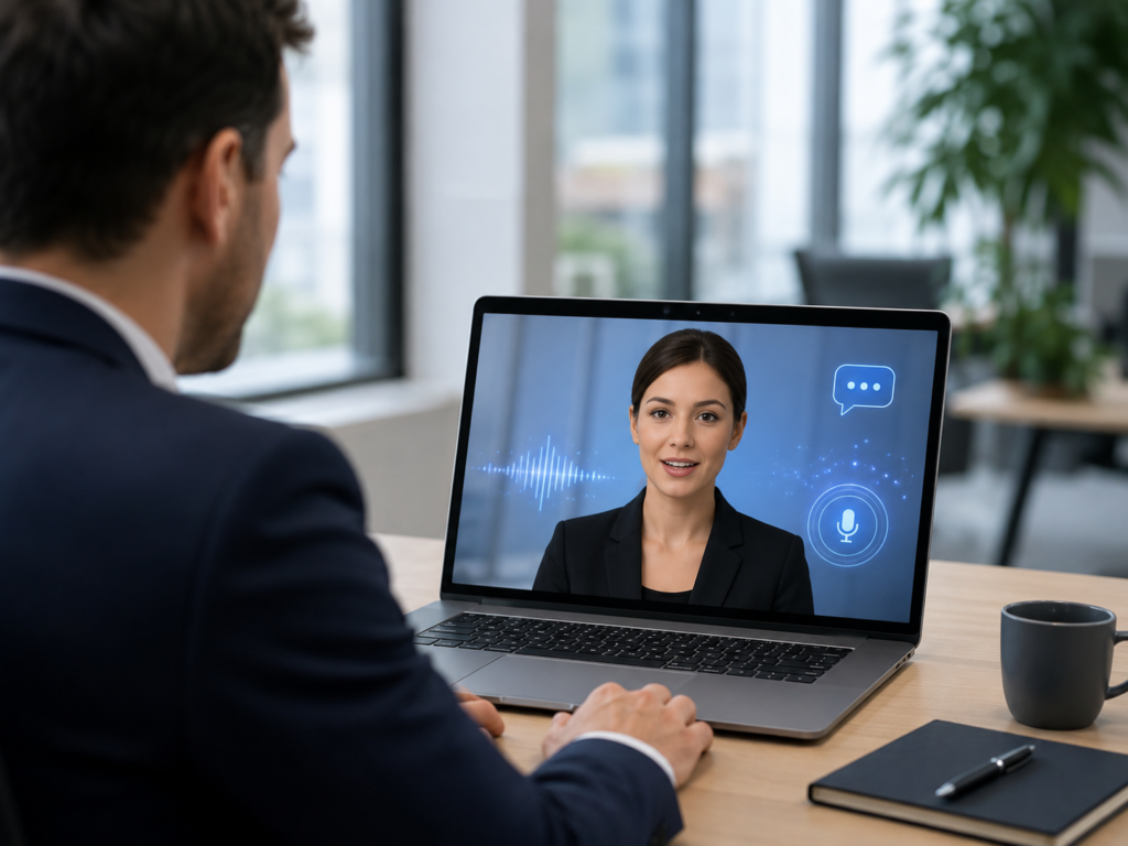 Digital avatar speaking with a customer through laptop/mobile.
