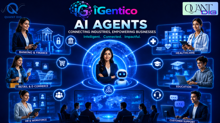iGentico AI agents connecting banking, healthcare, retail, education, HR, and customer support through a global digital workforce network