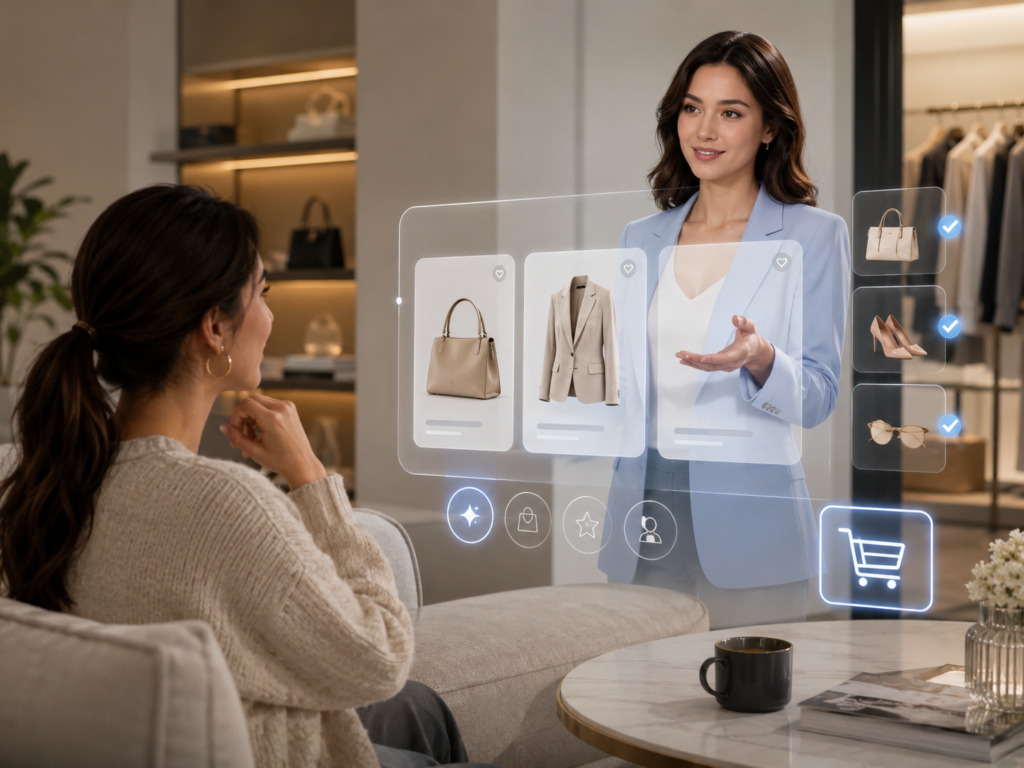 Create a professional e-commerce image showing a digital AI shopping assistant helping a customer choose products online. Include product cards, shopping cart, recommendation icons, and personalized retail experience. Clean modern design, no text.